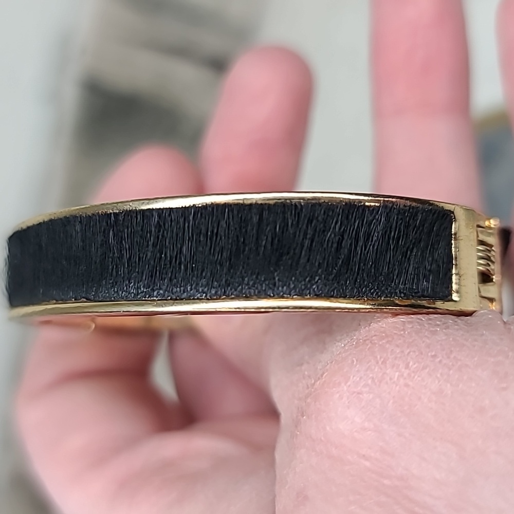 J Crew Gold Plated Enamel Bangle & Hinged Calf Hair Bracelet in Black & Gold - Picture 15 of 16